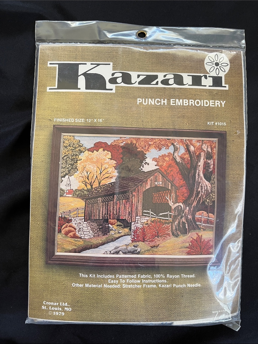 Vtg 1979 Kazari Punch Embroidery Kit 1015 Covered Bridge Fall Cottagecore NIP